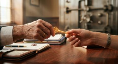 ידו של אדם מבוגר מוסרת מפתח זהב ליד צעירה מעל שולחן עם מסמכי צוואה, על רקע דלת של כספת, להמחשת העברת ירושה ונכסים.