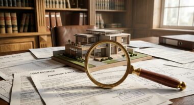 זכוכית מגדלת הבוחנת מודל של בית פרטי ומסמכי רכישת נדל"ן וחוזי מכר על שולחן עבודה במשרד.