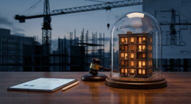 דגם בניין מואר מוגן תחת כיפת זכוכית, פטיש שופט וטאבלט עם חוזה משפטי על שולחן עץ, על רקע אתר בנייה ומנופים