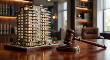 פטיש שופט מעץ לצד דגם אדריכלי מפורט של בניין מגורים רב קומות המונחים על שולחן במשרד עורכי דין, להמחשת תחום דיני מקרקעין ונדל"ן