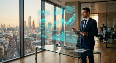 איש עסקים מנתח גרפים פיננסיים ונתוני בורסה המוצגים כהולוגרמות של מציאות רבודה במשרד מודרני עם נוף לעיר
