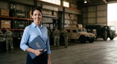 מנהלת לוגיסטיקה מקצועית מחייכת ומחזיקה קלסר במרכז לוגיסטי צבאי, כאשר ברקע ציוד, חיילים ורכבים צבאיים.