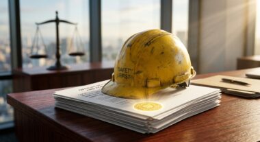 קסדת בנאים צהובה עם הכיתוב בטיחות קודמת לכל מונחת על מסמכים משפטיים לצד מאזני צדק במשרד עורך דין, המייצגת תביעות תאונות עבודה וזכויות עובדים.