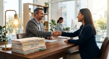 גבר ואישה בחליפות עסקים לוחצים ידיים בחיוך מעל שולחן משרדי עם ערימת מסמכים ותיקי לקוחות.