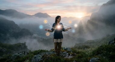 דמות אישה ניצבת על סלע בנוף הרים מעורפל בזריחה, מקרינה אור בוהק ממרכז החזה שמתחבר לכדורי אנרגיה זוהרים המרחפים סביבה.