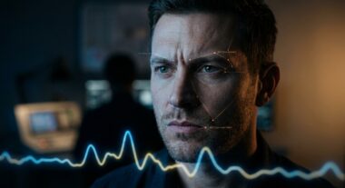 גבר עובר סריקת זיהוי פנים ביומטרית וניתוח הבעות עם קווים דיגיטליים וגרף נתונים של בינה מלאכותית