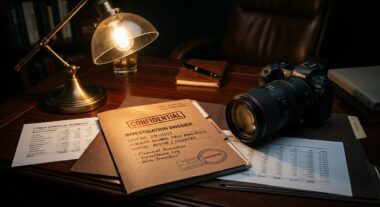 תיק חקירה סודי, דוחות פיננסיים ומצלמת מצלמה מקצועית מונחים על שולחן עץ באווירה אפלולית עם מנורת וינטג'.